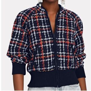 MOTHER Navy Plaid Tweed Bomber Jacket with Red and White Accents